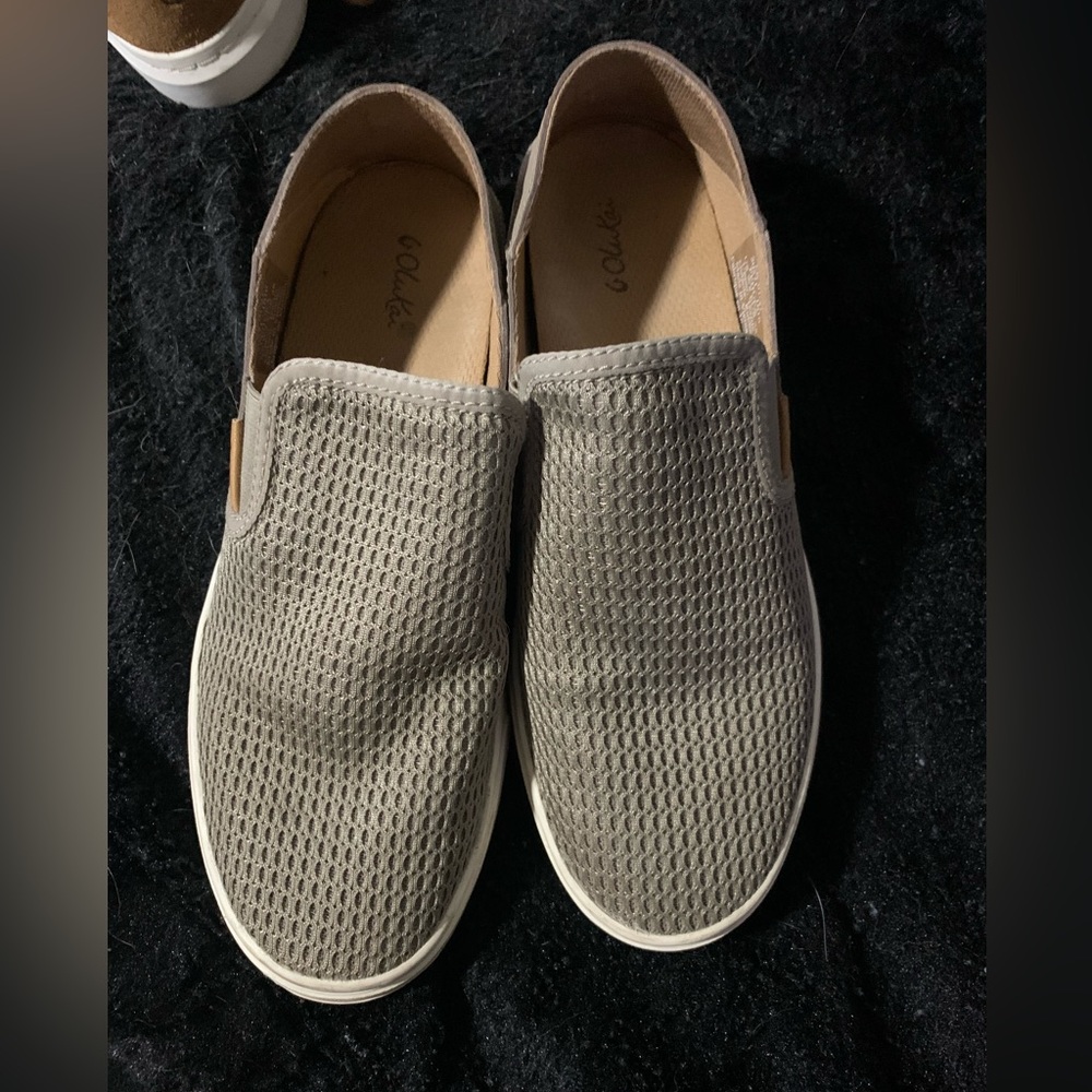 OluKai Women's Taupe Gray Mesh Slip-On Flats